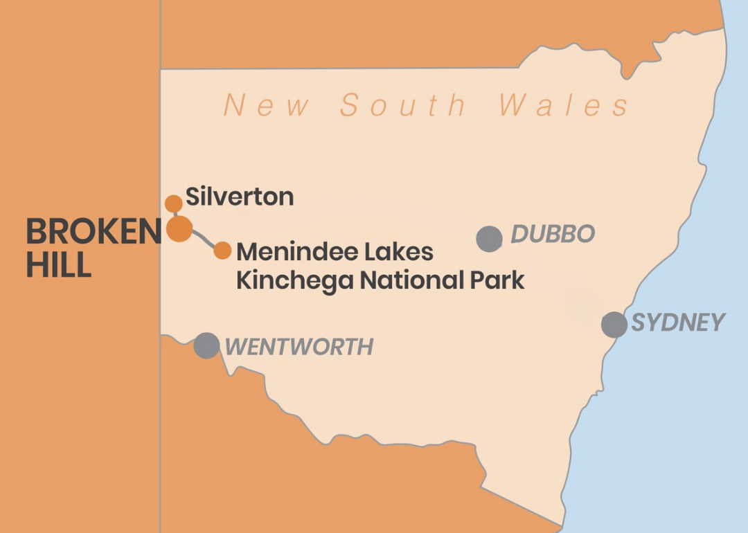 Route map of the Broken Hill Outback Explorer: Broken Hill, Silverton, Menindee Lakes and Kinchega National Park
