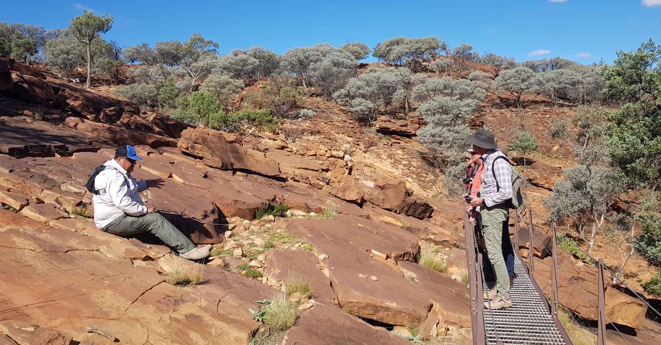 Guests walking a rocky trail in Mutawintji National Park