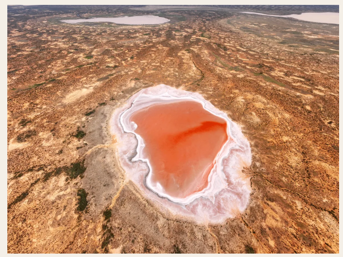 Aerial view of a pink salt lake ringed with white salt near Broken Hill