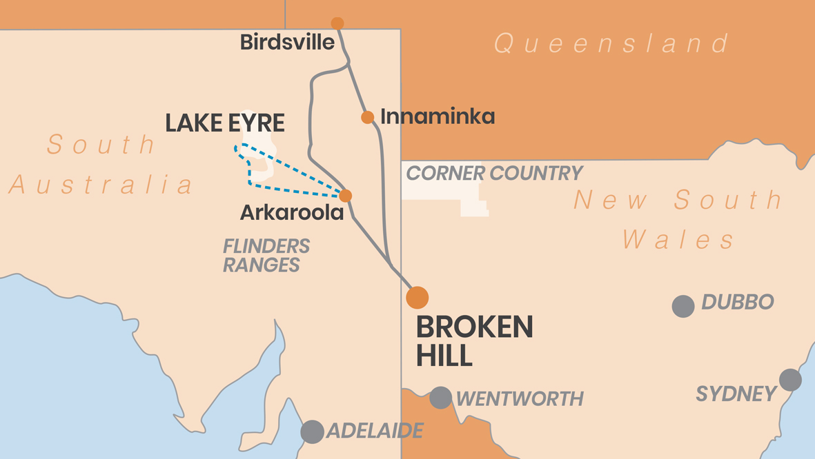Route map of the Lake Eyre and Birdsville trip from Broken Hill via Innamincka and Arkaroola