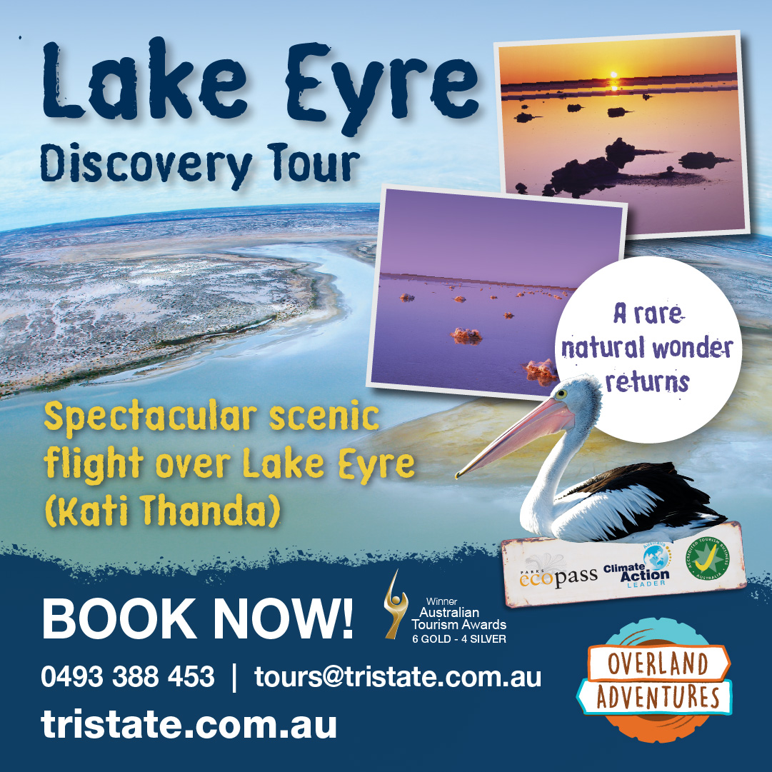 Lake Eyre Discovery Tour flyer: scenic flight over Kati Thanda, book now