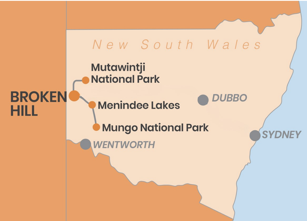 Route map of the 5-day NSW Outback Adventure from Broken Hill