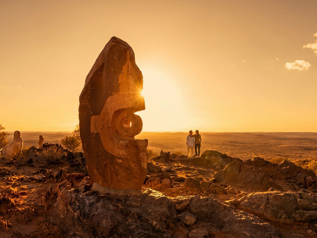 Couple standing together beside a Living Desert sculpture at sunset