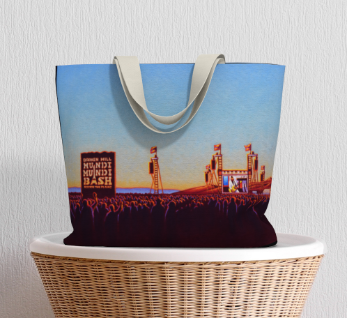 Canvas tote bag printed with Mundi Mundi Bash artwork