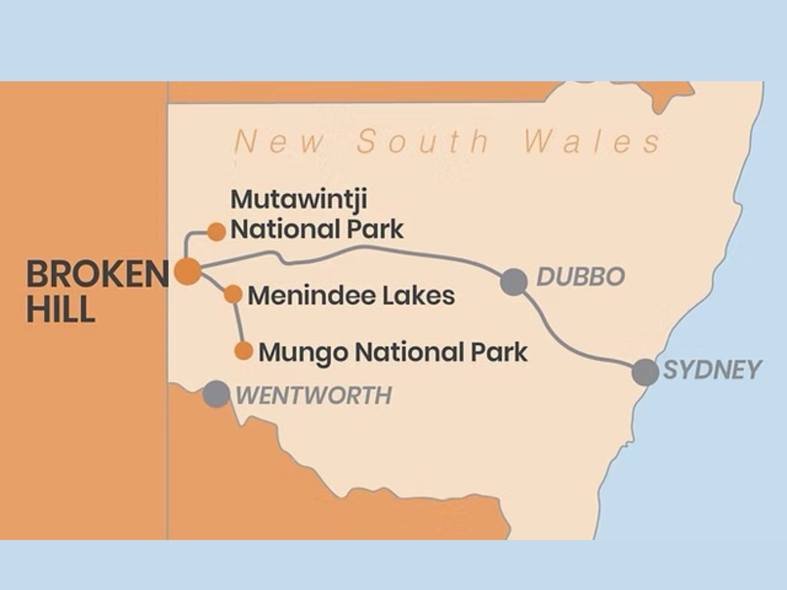 Route map of the NSW Outback Adventure: Broken Hill, Mutawintji National Park, Menindee Lakes and Mungo National Park