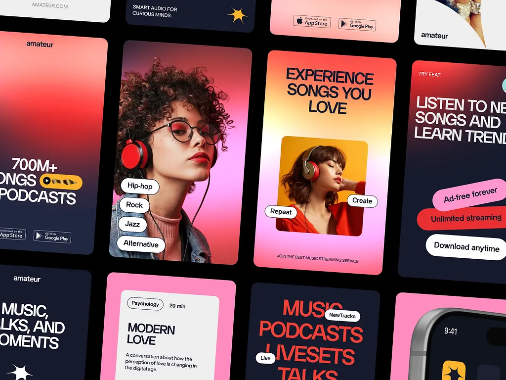 Colourful mobile app and social media designs