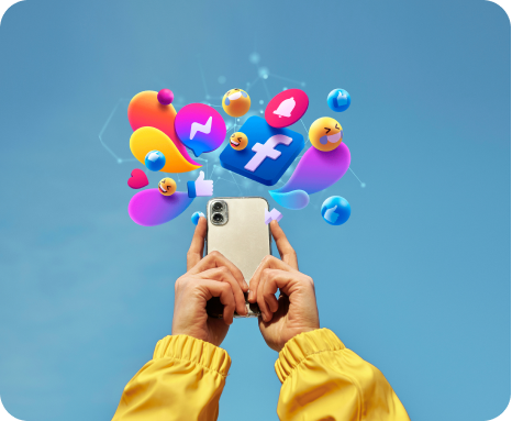 Phone surrounded by colourful social media icons