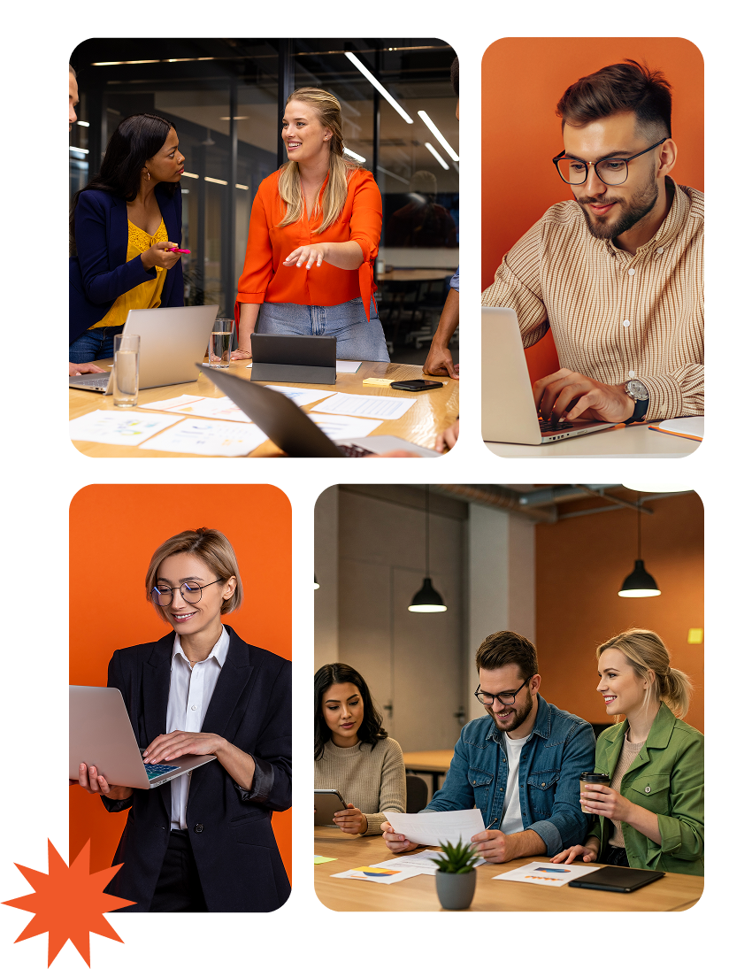 Collage of people collaborating in a modern office